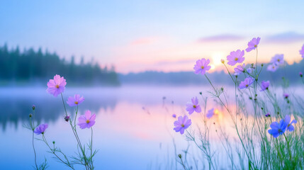 Naklejka premium Serene sunrise over a lake with blooming flowers in the foreground