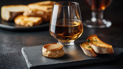 Delightful pairing of glass of cognac with foie gras p&acirc;t&eacute; and toasted bread on a slate serving board during an evening gathering