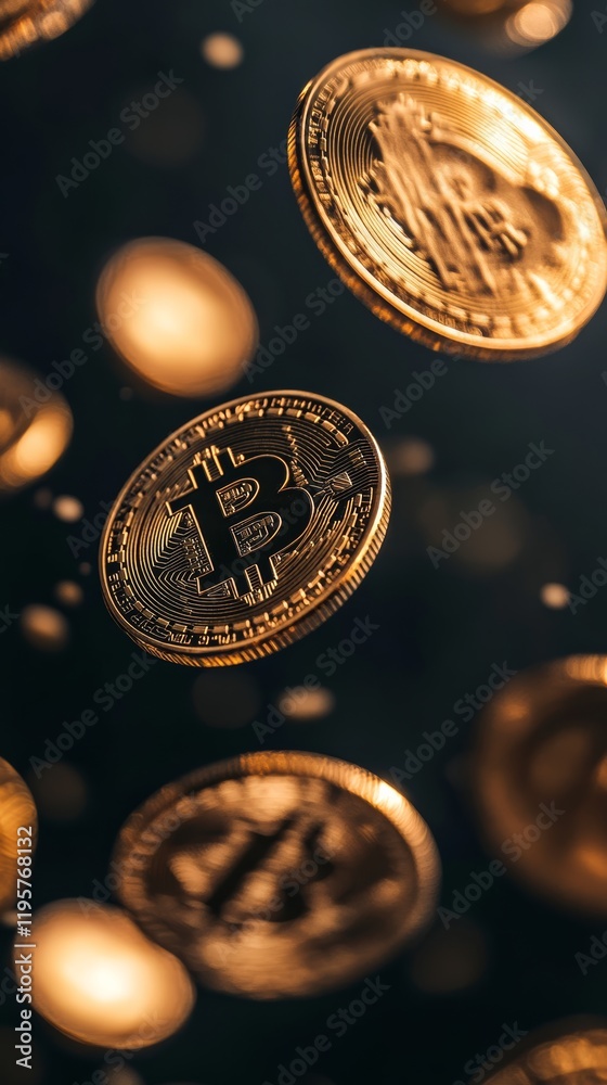 Poster Gold bitcoin coins rotating on a dark background representing the decentralized digital currency and innovative payment system