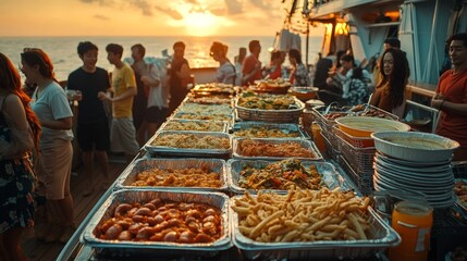 Fototapeta premium A vibrant buffet with fresh vegetables, corn, sausages, and more. Ideal for brunch visuals and restaurant marketing campaigns.