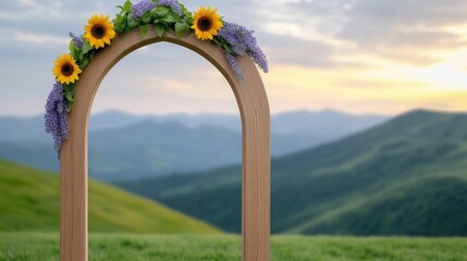 A charming wooden arch covered in lavender and sunflowers