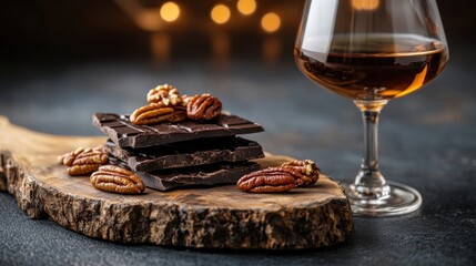 Luxurious glass of cognac served alongside rich dark chocolate and candied pecans on a rustic wooden board in a cozy evening setting