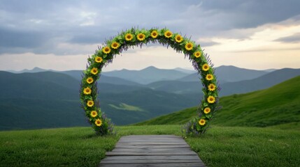 Fototapeta premium A charming wooden arch covered in lavender and sunflowers