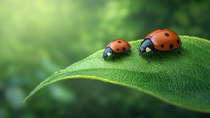 Obraz premium macro shot of two ladybugs sitting on a bright green leaf, one crawling toward the other