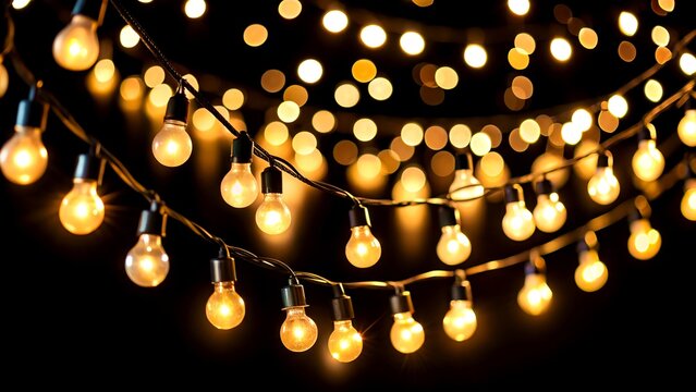  A beautiful close-up of warm yellow string lights hanging in the dark, creating a cozy and elegant festive ambiance.