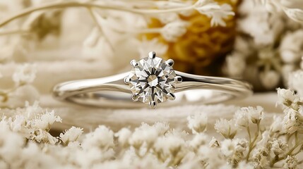 Diamond ring nestled in floral setting, jewelry advertisement