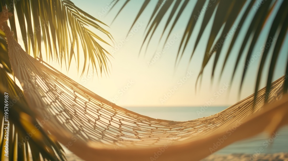 Poster Empty hammock swaying gently between two palm trees on a tropical beach at sunset creates an inviting atmosphere for relaxation, evoking tranquility and a perfect escape