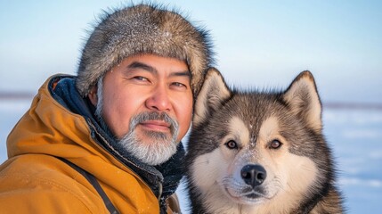  single sled dog and its handler, both looking determined, surrounded by snowy tundra