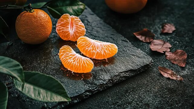 Fresh mandarin slices on a dark stone plate with whole fruit and leaves nearby for a vibrant kitchen display