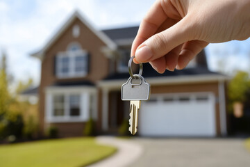 New homeowner celebrates with keys in hand outside a beautiful house