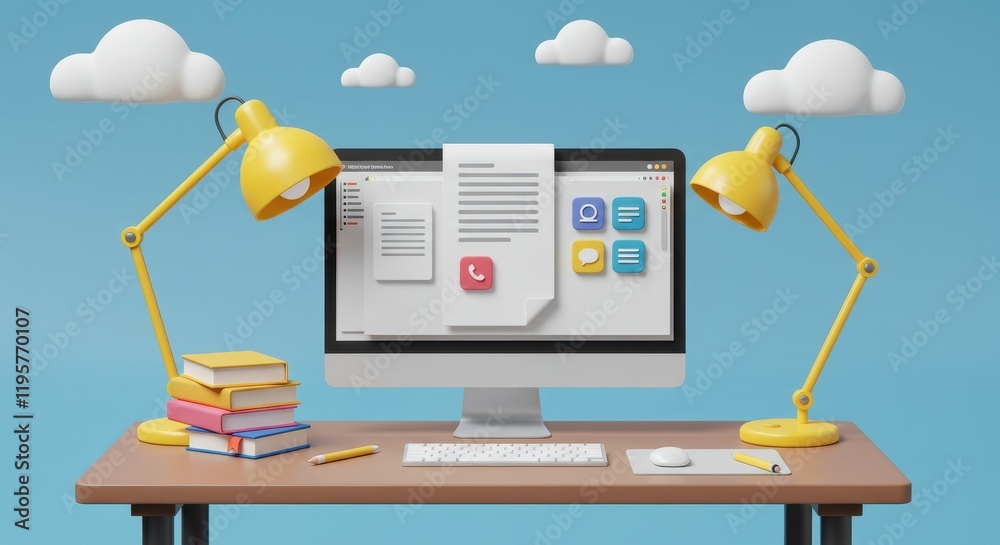 Poster 3d illustration of a desktop computer displaying a document being edited with text and icons