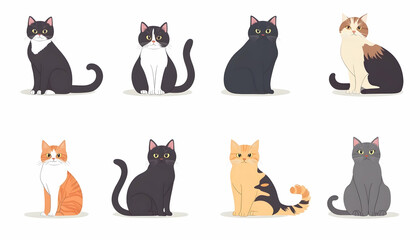 Ten different breeds of cats sitting isolated on a white background