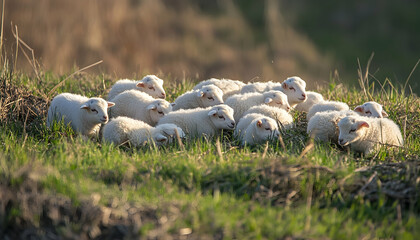 Obraz premium Ten-day-old cute white baby goats on a spring meadow during sunny Easter holidays