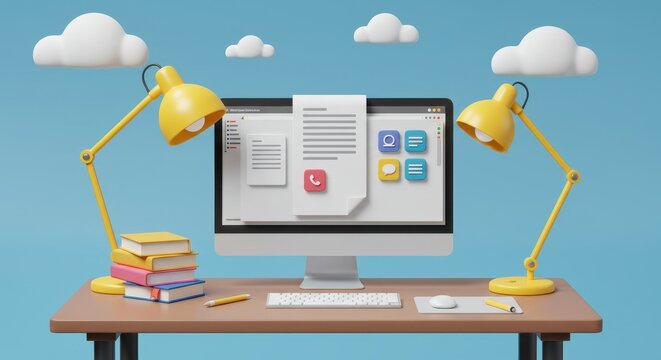 3D illustration of a desktop computer displaying a document being edited with text and icons