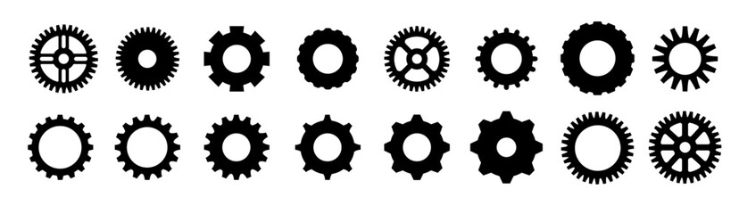 Gears shapes line icons. Flat machine gear icon. Wheel cogwheel vector. Simple outline isolated elements. Black gear.