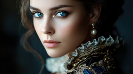 Fototapeta premium A woman with blue eyes and a pale pink lip stands in front of a dark background