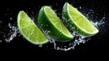 Three lime slices are floating in a spray of water