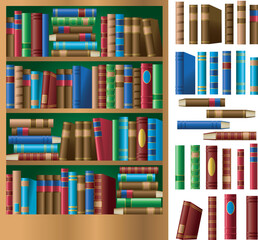 A vector graphic illustration of a bookshelf with many book spines showing. 