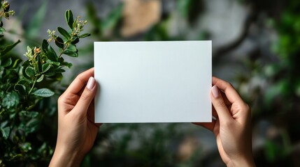 Minimalist Hands Holding Blank Card with Green Leaves and Rustic Twine 17