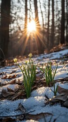 Spring Flowers Emerging From Winter Snow