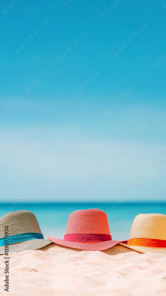 Poster three colorful straw hats are resting on the sand of a beautiful tropical beach with calm turquoise 