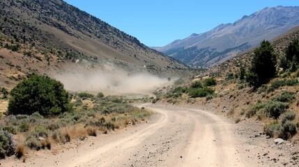 Dusty mountain road curves, vehicle dust cloud, arid landscape, travel