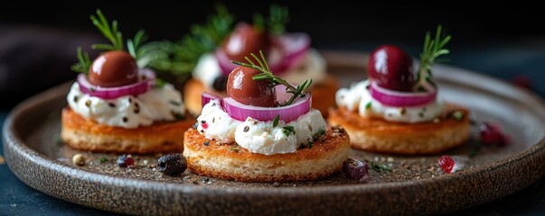 Savory small appetizers with olives and cream cheese garnished with herbs