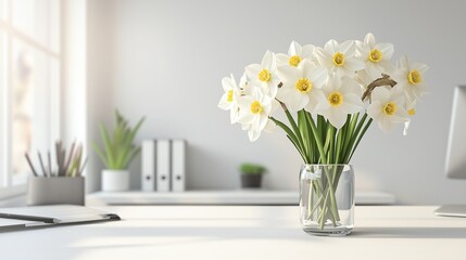 Bright white daffodils in a clear vase on a minimalist desk in a well-lit office space during daytime