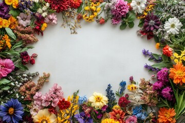 A frame of vibrant flowers on a white background with ample space for a greeting card