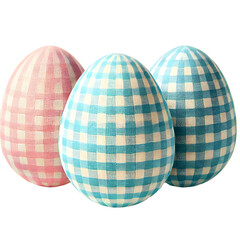 Obraz premium A Trio Of Eggs Covered In Pastel Gingham Fabric: A Charming And Festive Display Of Soft Colors And Pattern, Arranged In A Neat Row And Isolated On A White Background