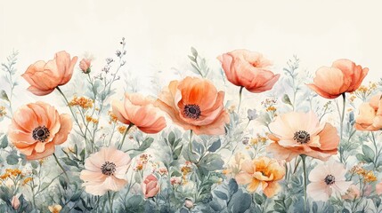 Watercolor floral artwork with vibrant orange and pink blossoms in a lush garden