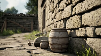 Rustic stone wall with aged pottery and wooden tools.