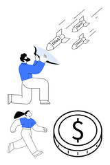 Man blocks incoming DDoS missiles with shield, woman monitors situation near coin symbol. Ideal for cybersecurity, online threats, data protection, financial security, IT support, risk strategy