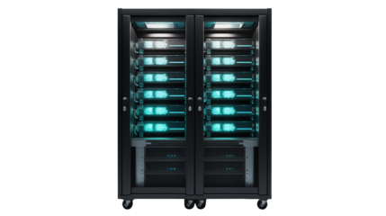 Modern Data Center Server Rack with Bright Blue Lights for Technology Concepts