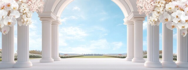Fototapeta premium A luxurious arch made of white marble columns, adorned with cascading white 