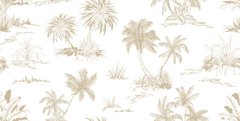 Seamless pattern with palm trees. Landscape sketches. Toile de Jouy style. Hand drawn vector illustration.