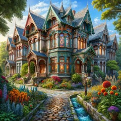 Fototapeta premium A grand, multicolored Victorian house, is surrounded by flower gardens and a cobblestone path leading to the entrance. Detailed woodwork and stained glass windows add elegance, (Gen, A.I.)