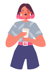 Modern stylish girl with bright hairstyle and stylish makeup is holding cup of coffee, cocoa or tea. Branding of coffee shops or cafes. Promotion of hot drinks, related to comfort and warmth