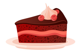 Piece of cake, sweet birthday dessert with chocolate frosting, decorated with meringue and berries. Multi-layered dessert with chocolate cream and sponge cake on plate. Isolated vector illustration 