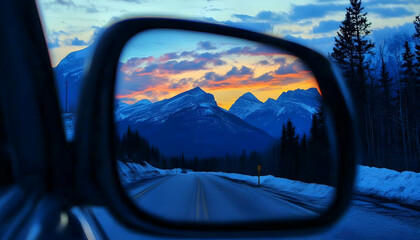 Mountains reflect in a car side mirror on a road trip.