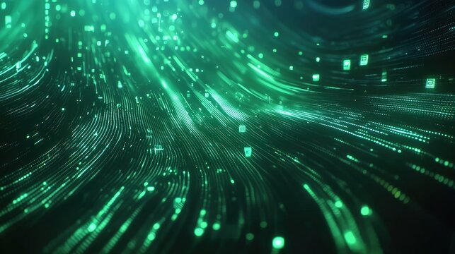 Dynamic green abstract light patterns create a mesmerizing visual effect in a digital landscape