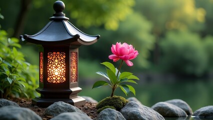 Serene Japanese Garden Lantern with Peony Plant in Miniature Rock Garden