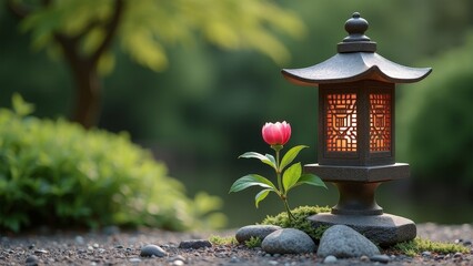 Elegant Japanese Lantern Illuminating Peony Flower and Rock Garden