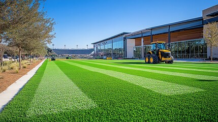 Tractor on artificial turf field near building.
