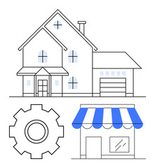 House, storefront with awning, and gear representing real estate, commerce, and industry. Ideal for housing, business, customization, retail property development urban planning abstract line flat