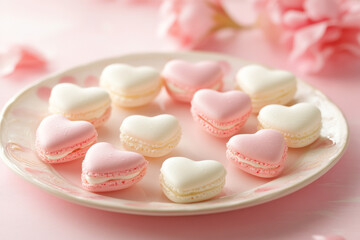 Fototapeta premium Heart-shaped macarons arranged beautifully on a pink plate with flowers