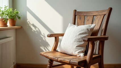 Sunlit rustic wooden chair with a soft throw pillow, perfect for cozy interiors