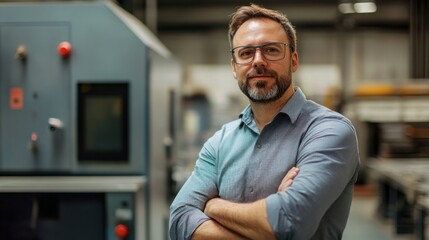 Fototapeta premium confident man stands in an industrial setting, showcasing expertise