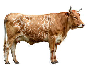 A full body side view of a spotted Limousin heifer with long, graceful horns, standing unblurred against a clean white background.