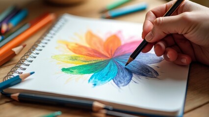 Hand sketching a colorful flower design in a notebook with assorted colored pencils around